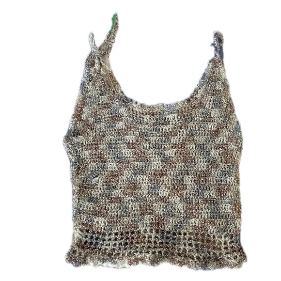 Vintage 90s Crochet Knit Metallic Tank Top Brown Silver Boho Shimmer Size S - Picture 4 of 4